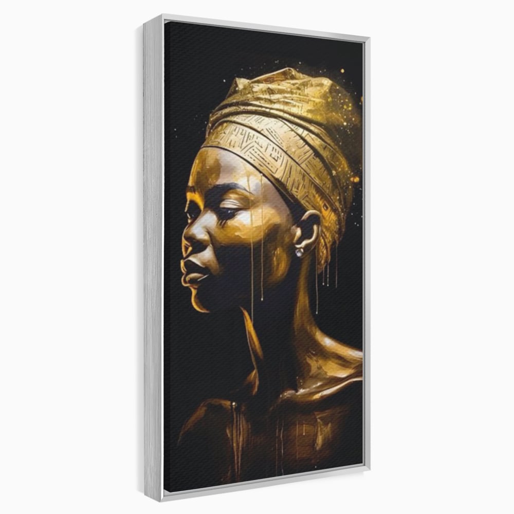 Tablou canvas cu tablou canvas cu femeie africana si turban auriu, in rama de aluminiu argintiu